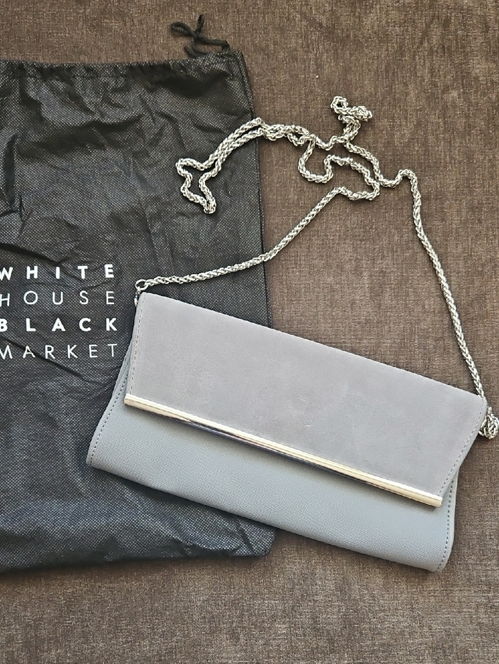White House Black Market Light Gray Clutch with Silver Chain